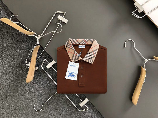 Burberry Men Check Colla Polo Shirt Brown Cotton