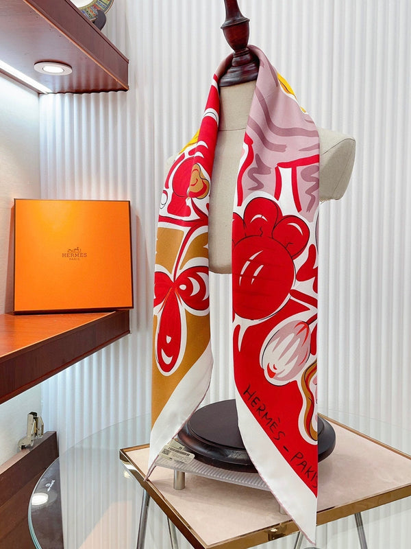 Le Cheval De Kazumi Scarf 90 CM Red Colorful Silk Twill 347388