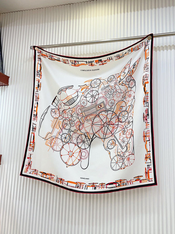 Complication Equestre Scarf 90 CM In White Orange Coloful Silk Twill 345897
