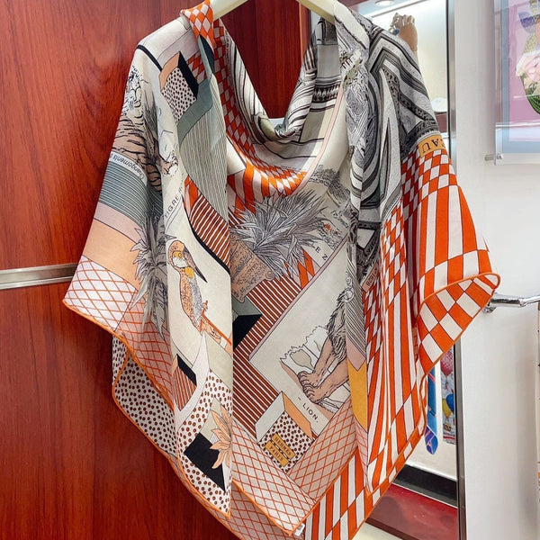 Grand Theatre Nouveau Scarf 135 CM In Orange Colorful Cashmere And Silk 362248
