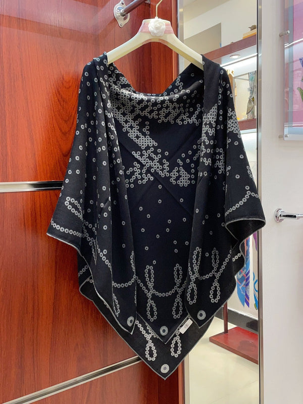 Cheval De Legende Scarf 140 CM Charcoal Blue Pattern Cashmere And Silk