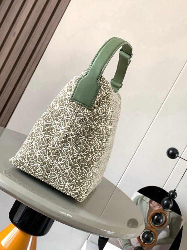 Loe Cubi Anagram Bag 35cm Green White Jacquard Cotton Calfskin