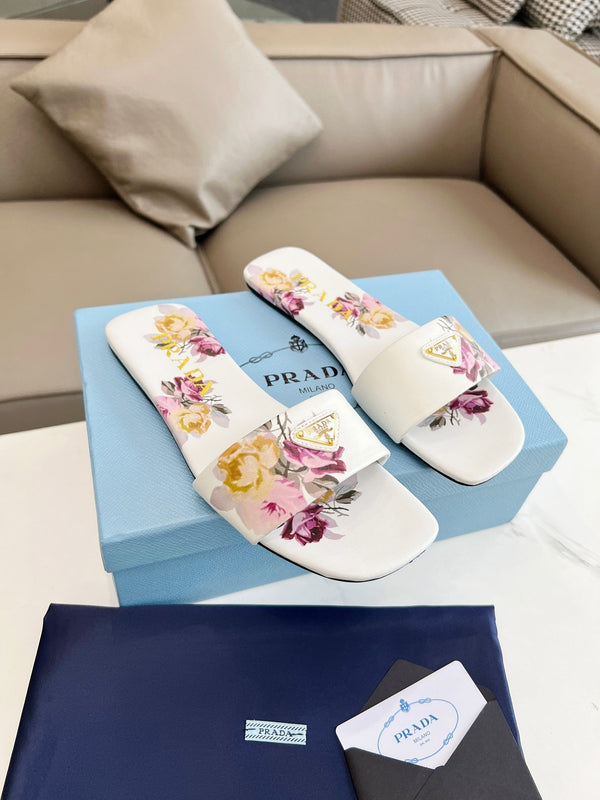 Prad 26s Slide Sandals Floral White Leather 140495