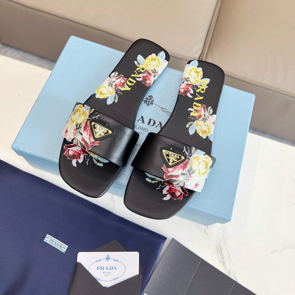 Prad 26s Slide Sandals Floral Black Leather 140496