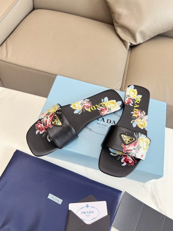Prad 26s Slide Sandals Floral Black Leather 140496