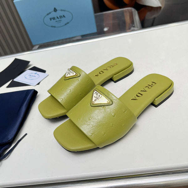 Prad 26s Slide Sandals Olive Green Ostrich Leather 140497