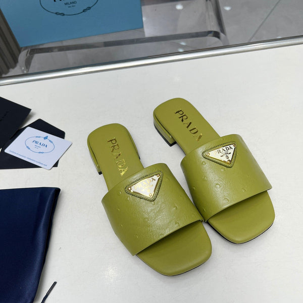 Prad 26s Slide Sandals Olive Green Ostrich Leather 140497