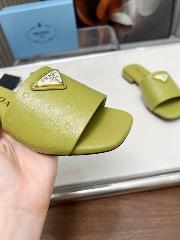 Prad 26s Slide Sandals Olive Green Ostrich Leather 140497