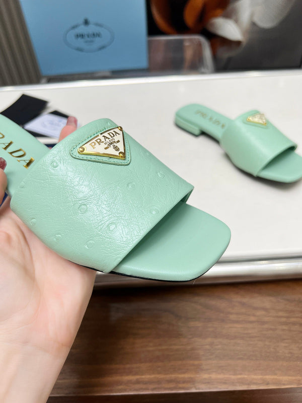 Prad 26s Slide Sandals Green Ostrich Leather 140498