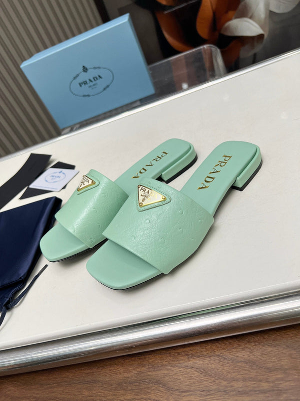 Prad 26s Slide Sandals Green Ostrich Leather 140498