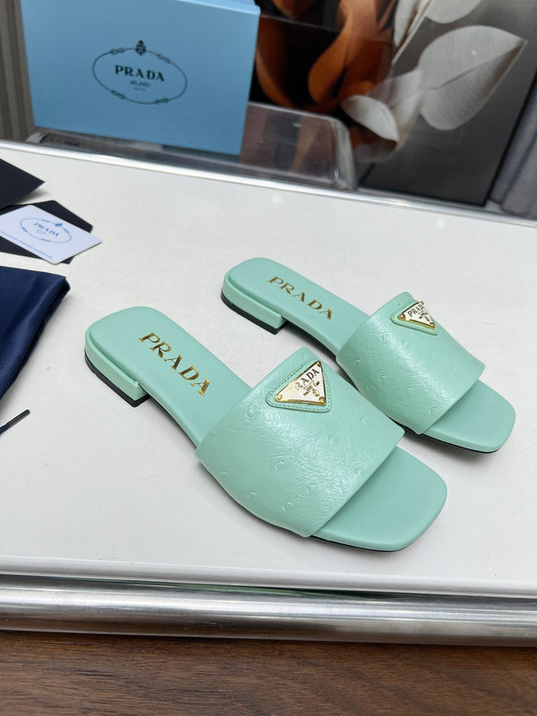 Prad 26s Slide Sandals Green Ostrich Leather 140498