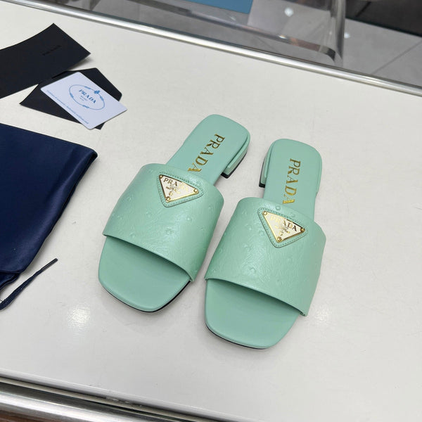 Prad 26s Slide Sandals Green Ostrich Leather 140498