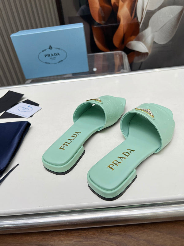 Prad 26s Slide Sandals Green Ostrich Leather 140498