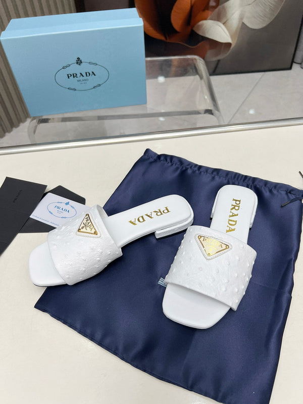 Prada 26s Slide Sandals White Ostrich Leather 140500