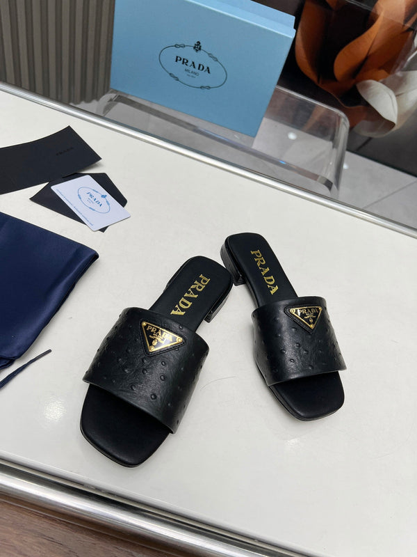 Prad 26s Slide Sandals Black Ostrich Leather 140501