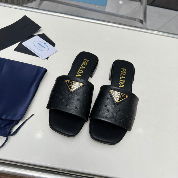 Prad 26s Slide Sandals Black Ostrich Leather 140501