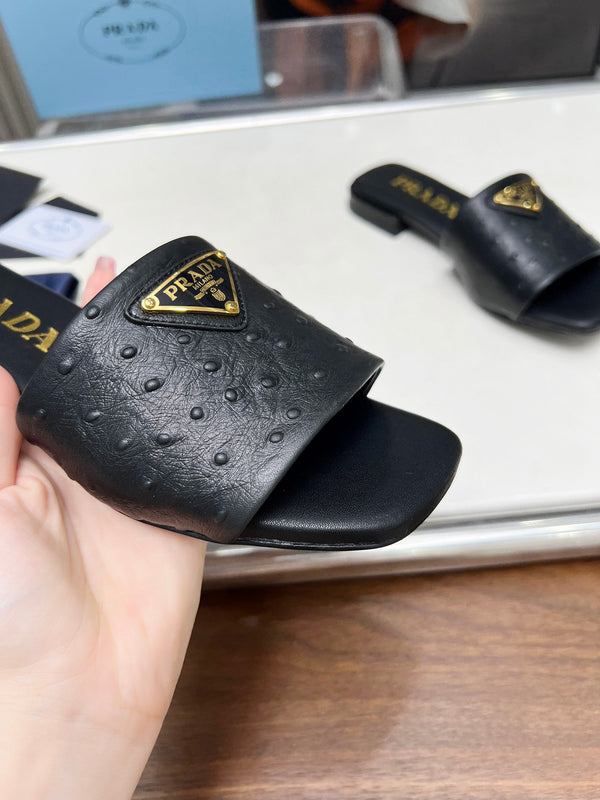 Prad 26s Slide Sandals Black Ostrich Leather 140501