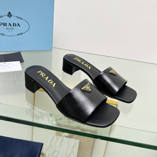Prad 26s Saffiano Slides 4cm Black Glossy Leather 986628