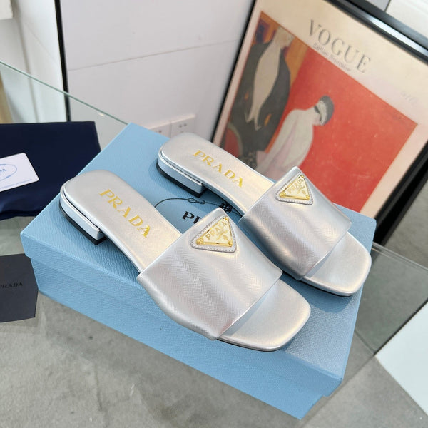 Prad26s Saffiano Slides 1.5cm Sliver Glossy Leather 986623