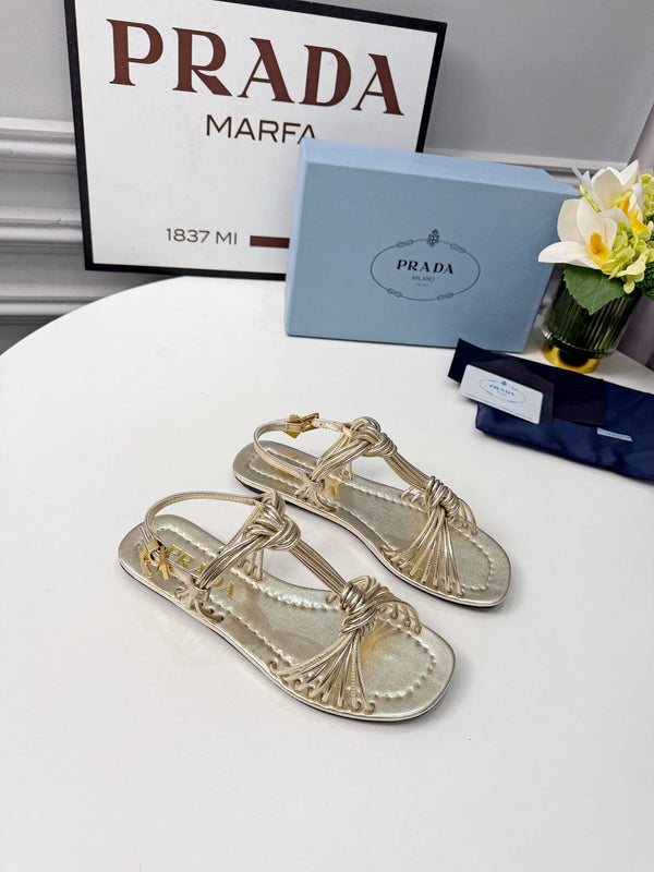 Prad 26s Knotted Metallic Leather Flat Sandals Gold Metalic Leather 986578