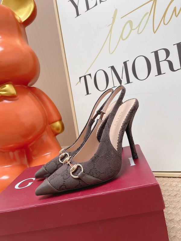 GG 26s Slingback Pump 10.5cm With Horsebit Coffee Leather Canvas 901311