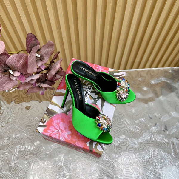 DC Rhinestone Buckle Mules Green Silk & Sheepskin 926018