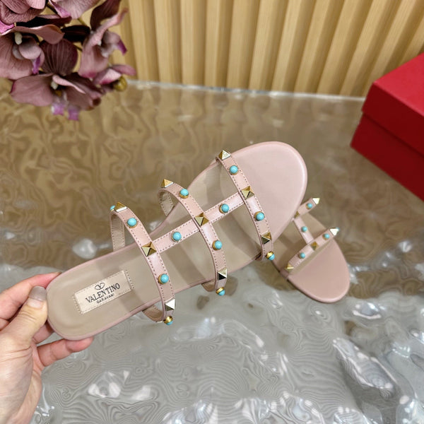 Rockstud Leather Caged Mule Sandals 10mm Pale Pink Sheepskin 307858