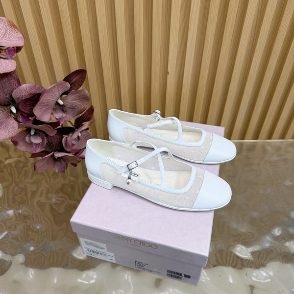 Jimmy Choo Mary Jane Flat Shoes White Mesh Leather 537766