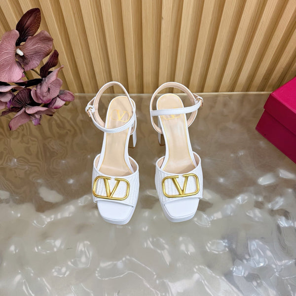 Valentino Signature Platform Sandal White Leather Raffia 702267