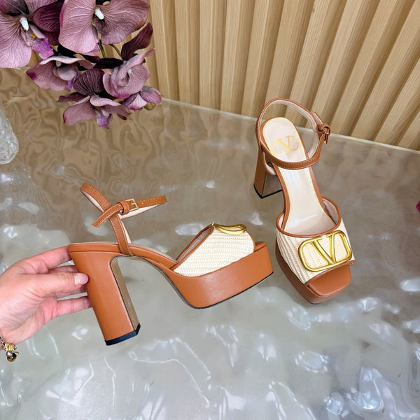 Valentino Signature Platform Sandal Brown Leather Raffia 702268