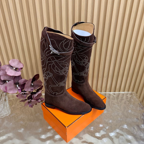 HM 26S Studded Jumping Boots 3cm Brown Suede 114941