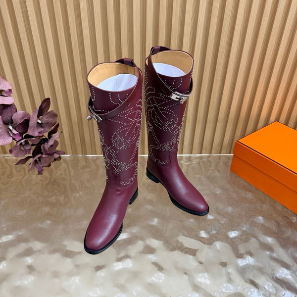 HM 26S Studded Jumping Boots 3cm Burgundy Leather 114942