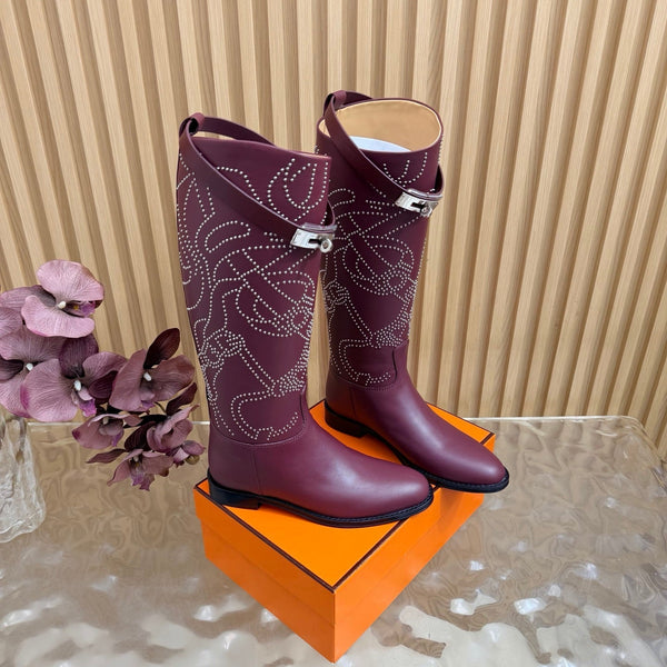 HM 26S Studded Jumping Boots 3cm Burgundy Leather 114942