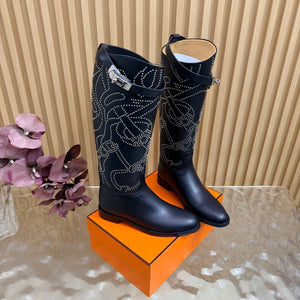 Hermes 26S Studded Jumping Boots 3cm Black Leather 114945