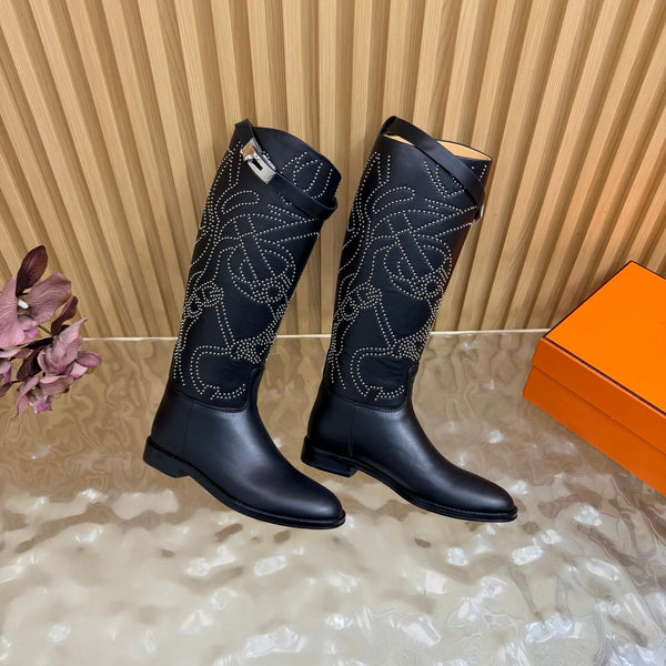 Hermes 26S Studded Jumping Boots 3cm Black Leather 114945