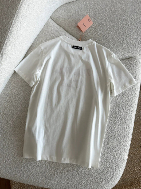 Miumiu 2026 Embroidered Short-Sleeve Tee White and Gray Cotton 810778