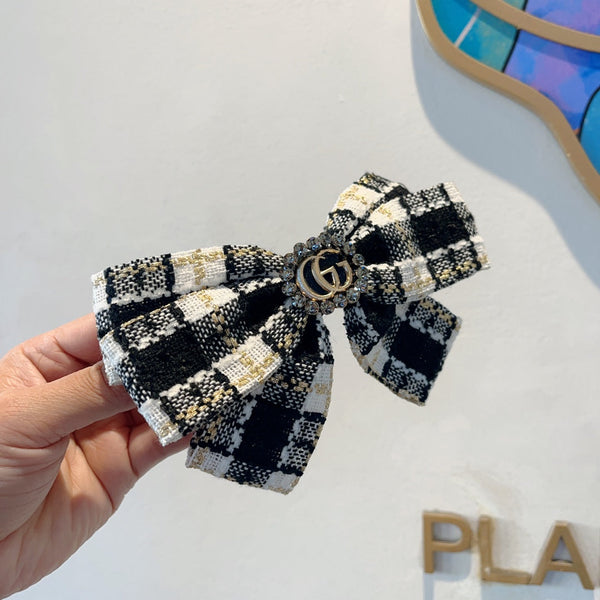 RETRO BOW HAIR CLIP IN BLACK MIX WHITE TWEED 432763
