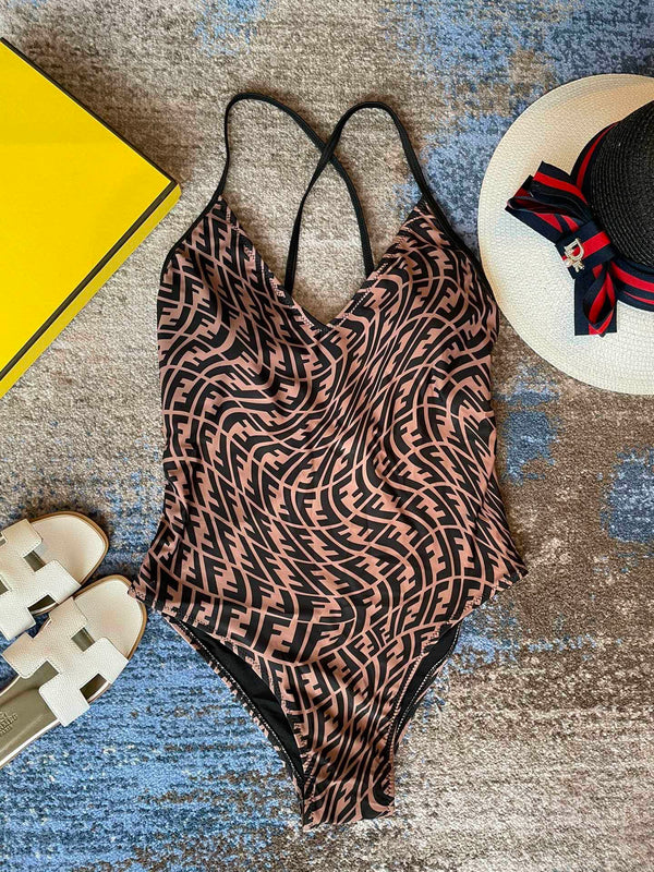 Fendi Swimsuits Black Beige Cotton 180525