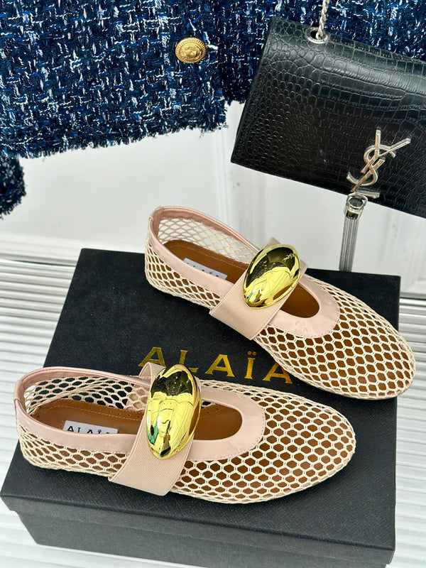 ALAIA MARY JANE SHOES IN BEIGE MESH WITH GOLD HARDWARE