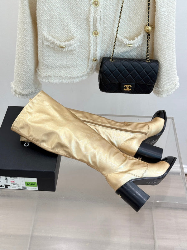 CC Classic Long Boots Block Heel 90mm Gold Metalic Calfskin 465393