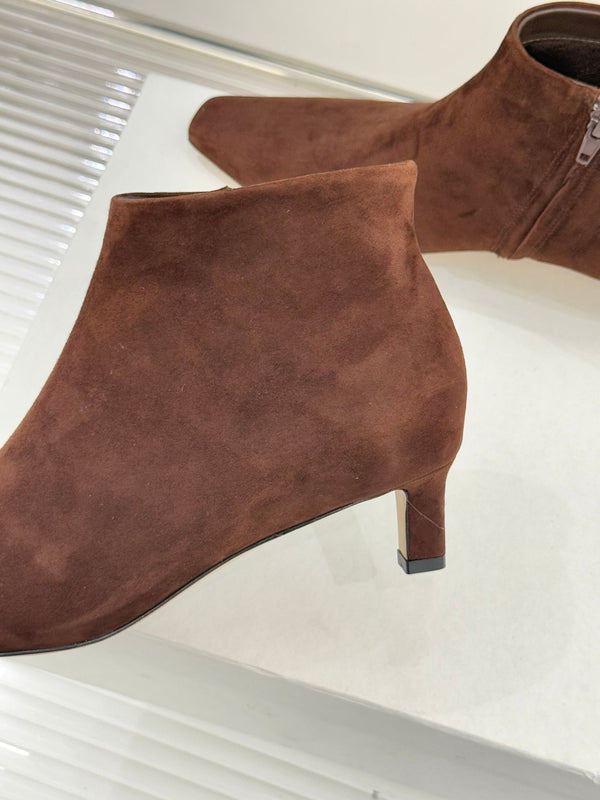 The Row 2025 Square Toe Kitten Heel Ankle Boot Brown Suede 572052