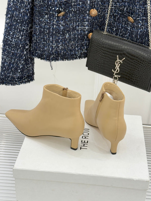 The Row 2025 Square Toe Kitten Heel Ankle Boot Beige Sheepskin 572047