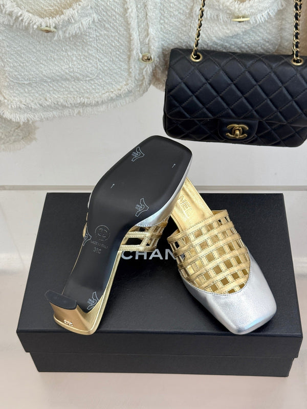 CC Woven Square-Toe Slippers Sliver Gold Metalic Leather 825777