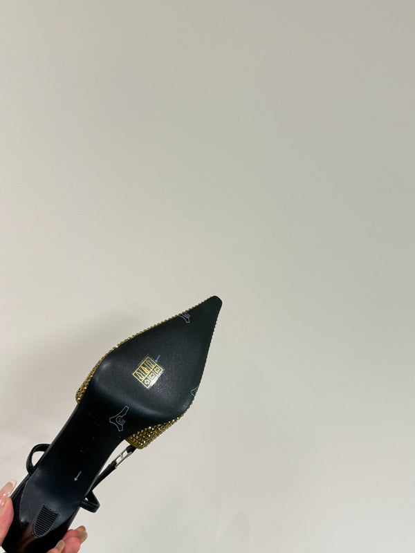 HIGH SLINGBACKS POINTED-TOE IN METALLIC GOLD LAMBSKIN WITH CRYSTALS