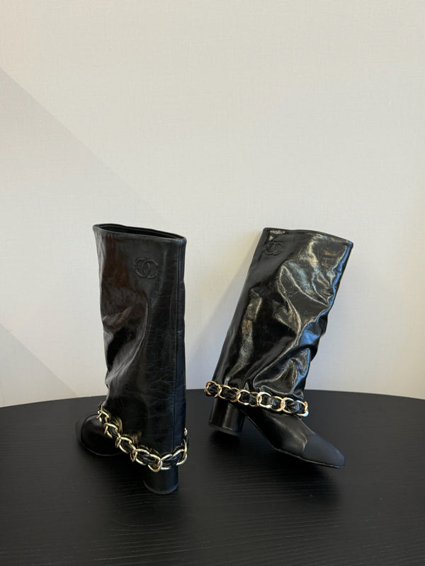 CC 25S High Boots With Chain Black Cowhide & Sheepskin 417848