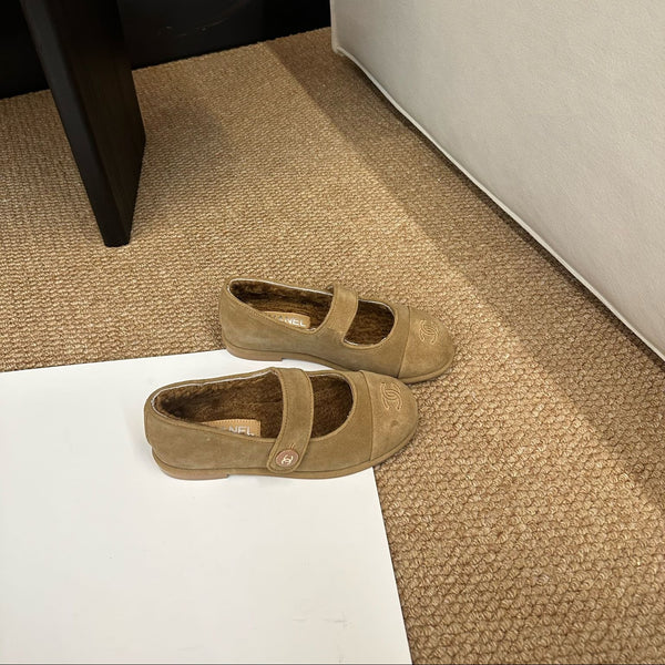 CC 26s Mary Jane Flats Caramel Brown Suede Shearling Lining