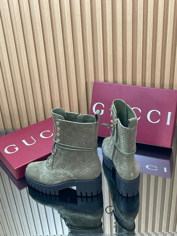 GG 26s Combat Boots Olive GG-Embossed Suede 997189