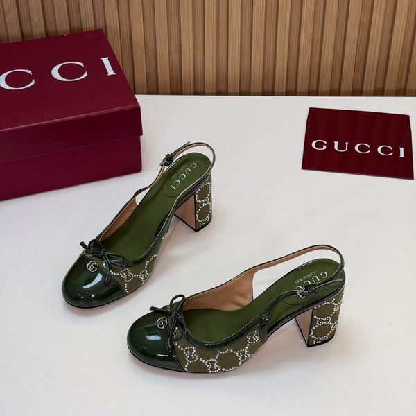 GG 26s Embellished Slingback Pumps 8CM Green Denim 997169