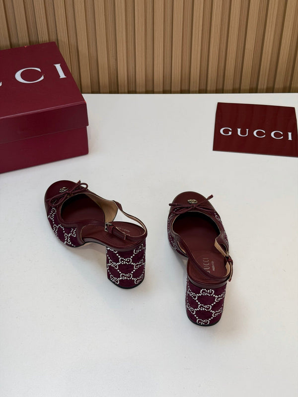 GG 26s Embellished Slingback Pumps 8CM Burgundy Velvet 997163
