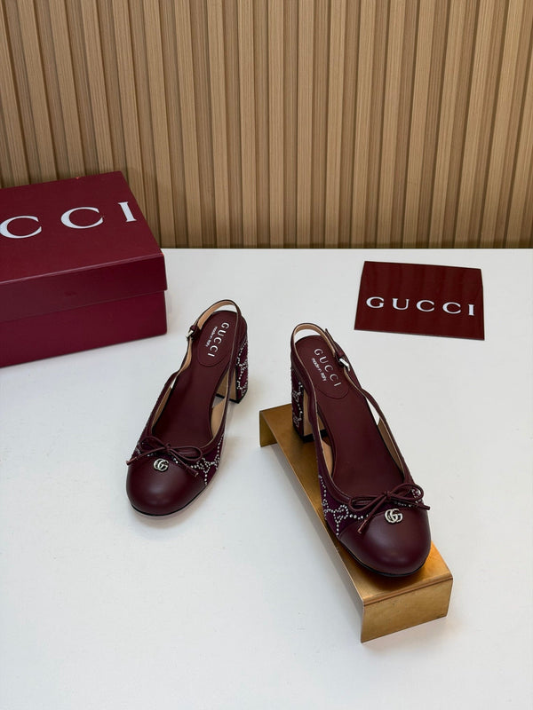 GG 26s Embellished Slingback Pumps 8CM Burgundy Velvet 997163